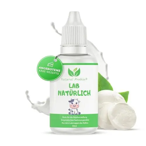 Produktbild: Natural Probio® Käse Lab, Natur Lab 50 ml, Lab für käseherstellung | Präzise Dosierung, Hohe Konzentration 1:10.000 U, hohe Ergiebigkeit 250 – 500 l | Frischkäse und Käse