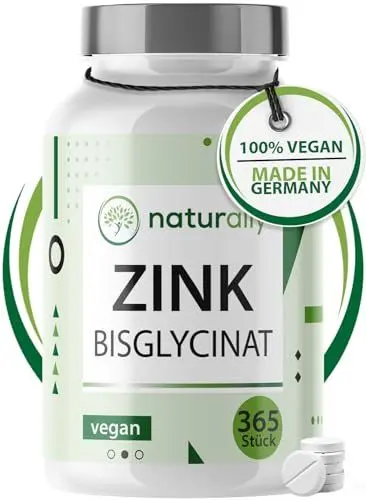 Produktbild: naturally Zink Tabletten (365 Stück Jahresvorrat) 25mg hochdosiert - natürliches Zinc Supplement, Made in Germany, vegan, ohne Zusätze, gegen Akne, Haut, Haare & Nägel