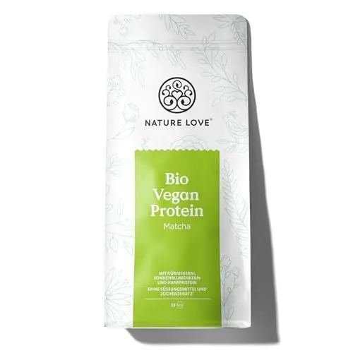 Produktbild: NATURE LOVE® Bio Vegan Protein Pulver Matcha- 1kg - Mehrkomponenten Protein ohne Süßungsmittel - aus Kürbis- und Sonnenblumenkernen - enthält 8 essenzielle Aminosäuren - Veganes Proteinpulver
