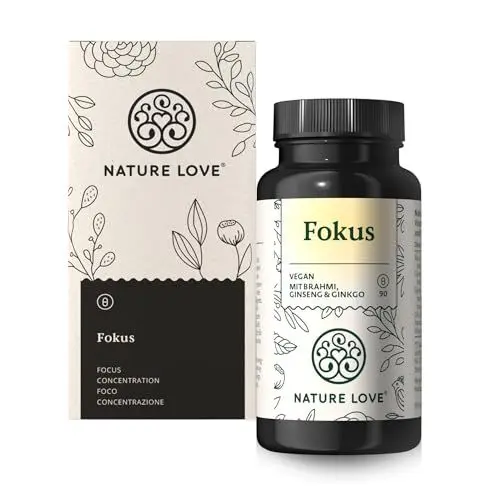 Produktbild: NATURE LOVE® Fokus – 90 Kapseln – mit Ginseng, Ginkgo Biloba, Brahmi & Cholin – Alternative zu Konzentrations Tabletten & Brain Booster – vegan, laborgeprüft, in Deutschland produziert