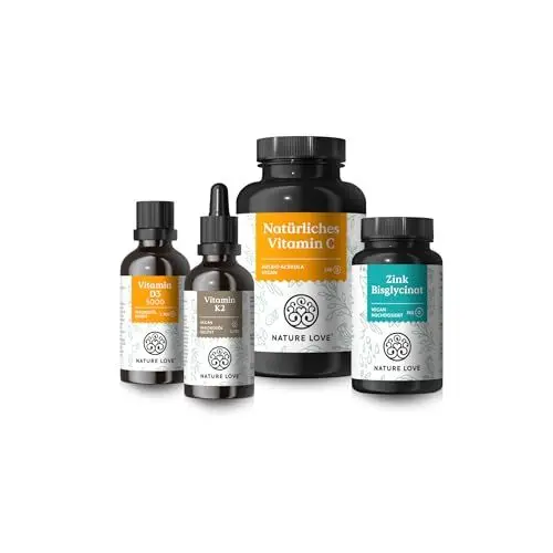 Produktbild: NATURE LOVE® Immunsystem Set – Vitamin C aus Bio-Acerola, 25mg Zink und Vitamin D3 5000 IE – optimal für dein Immunsystem – hochdosiert
