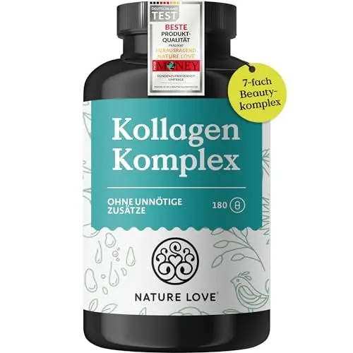 Produktbild: NATURE LOVE® Kollagen Komplex – 180 Kapseln – mit Hyaluron, Biotin, Selen, Zink, Vitamin C aus Acerola & Silicium aus Bambusextrakt – Collagen hochdosiert – laborgeprüft und in Deutschland produziert