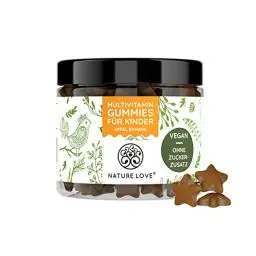 Produktbild: NATURE LOVE® Multivitamin Gummies Kids – 120 Stück – ohne Zuckerzusatz – Mit Vitamin A, B1, B3, B6, B7 (Biotin), B12, E und Jod – Vitamine für Kinder als Gummibärchen – vegan und laborgeprüft