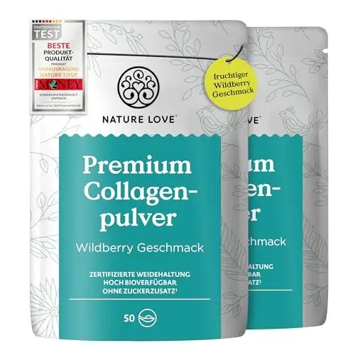 Produktbild: NATURE LOVE® Premium Collagenpulver 1000g – Wildberry Geschmack – Kollagen von Rindern aus Weidehaltung – hoch bioverfügbar, ohne Zuckerzusatz & Süßungsmittel – laborgeprüft, in Deutschland produziert