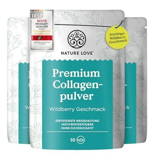 Produktbild: NATURE LOVE® Premium Collagenpulver 1500g – Wildberry Geschmack – Kollagen von Rindern aus Weidehaltung – hoch bioverfügbar, ohne Zuckerzusatz & Süßungsmittel – laborgeprüft, in Deutschland produziert