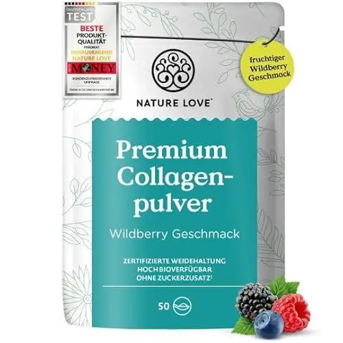 Produktbild: NATURE LOVE Premium Collagenpulver 500g – Wildberry Geschmack – Kollagen von Rindern aus Weidehaltung, hoch bioverfügbar ohne Zuckerzusatz, nur Süßungsmittel – laborgeprüft & in Deutschland produziert