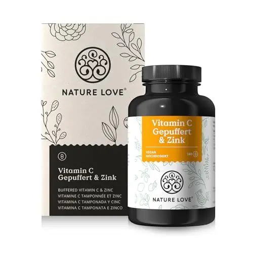 Produktbild: NATURE LOVE® Vitamin C Gepuffert & Zink – 180 Kapseln – hochdosiert 1000mg + 15mg Zink – Fermentation von Mais, pH-neutral, säurefrei – laborgeprüft, vegan und in Deutschland produziert