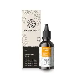 Produktbild: NATURE LOVE® Vitamin D3 1000 (50ml flüssig) – Laborgeprüfte 1000 I.E. pro Tropfen – in MCT-Öl aus Kokos – Vitamin D hochdosiert – hoch bioverfügbar, sehr hohe Stabilität und ohne unnötige Zusätze
