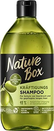 Produktbild: Nature Box Shampoo Kräftigung (385 ml), Shampoo für lange Haare mit Oliven-Öl schützt vor Haarbruch und verleiht gepflegtes Haar, Flasche aus 100 % recyceltem Social Plastic