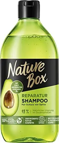 Produktbild: Nature Box Shampoo Reparatur (385 ml), Shampoo für strapaziertes Haar mit kaltgepresstem Avocado-Öl, Haarshampoo für Schutz vor Spliss, Flasche aus 100 % recyceltem Social Plastic
