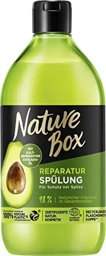 Produktbild: Nature Box Spülung Reparatur (385 ml), Hair Repair Spülung mit Avocado-Öl repariert das Haar und schützt vor Spliss, Flasche aus 100% Social Plastic