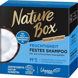 Produktbild: Nature Box festes Shampoo Feuchtigkeit (85 g), festes Haarshampoo mit Kokosnussöl spendet den Haaren Feuchtigkeit bis in die Tiefe, Haarpflege-Shampoo in recycelbarer Verpackung