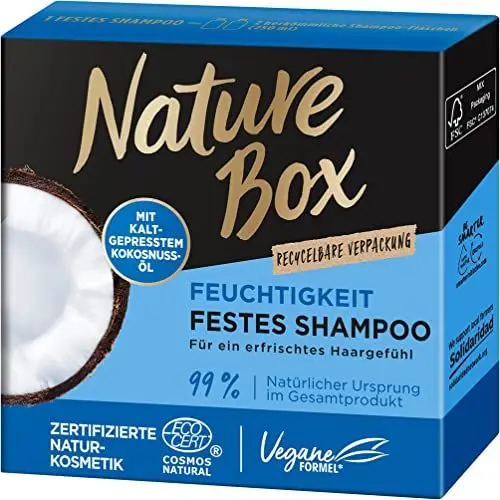 Produktbild: Nature Box festes Shampoo Feuchtigkeit (85 g), festes Haarshampoo mit Kokosnussöl spendet den Haaren Feuchtigkeit bis in die Tiefe, Haarpflege-Shampoo in recycelbarer Verpackung
