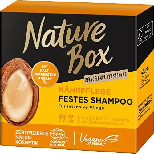 Produktbild: Nature Box festes Shampoo Nährpflege (85 g), festes Haarpflege-Shampoo mit kaltgepresstem Argan-Öl sorgt für intensive Pflege, recycelbare Verpackung
