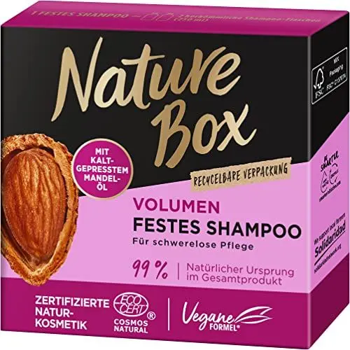 Produktbild: Nature Box festes Shampoo Volumen (85 g), Volumen-Shampoo mit Mandel-Öl für schwerelose Pflege und Geschmeidigkeit, recycelbare Verpackung