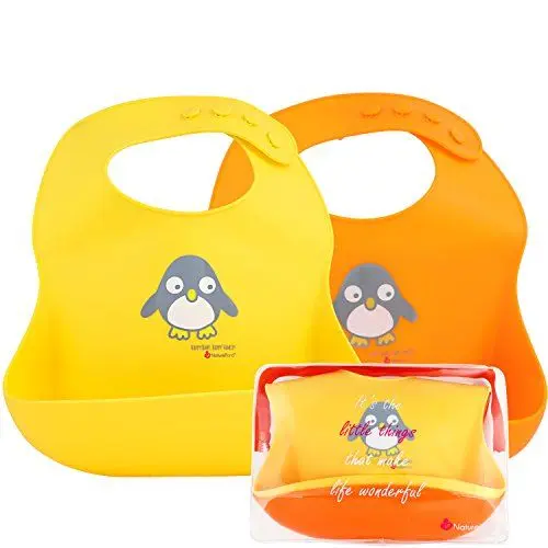 Produktbild: NatureBond 2 Stück Baby Lätzchen Silikon, BPA-Frei, Leicht zu Reinigen, Wasserdicht, Abwaschbar, 4 Einstellbare Pegel, Warme Farbe Sanft Lätzchen Silikon mit Auffangschale für Junge, Mädchen