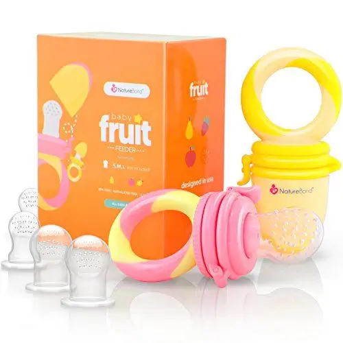 Produktbild: NatureBond Fruchtsauger Baby Obstschnuller für Babys (2 Fruchtsauger + 6 Schnuller) - Schnuller für Obst, Gemüse & Babynahrung 3 Monate + Beißring, BPA frei (Peach Pink & Lemonade Yellow)