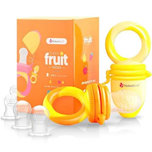 Produktbild: NatureBond Fruchtsauger Baby Obstschnuller für Babys (2 Fruchtsauger + 6 Schnuller) - Schnuller für Obst, Gemüse & Babynahrung 3 Monate + Beißring, BPA frei (Sunshine Orange & Lemonade Yellow)