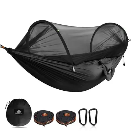 Produktbild: NATUREFUN Ultra-Light Reisecamping Hängematte Moskitonetz Hängematte | 300 kg Tragkraft, atmungsaktiv Schnelltrocknendes Fallschirm-Nylon | 2 Premium Karabiner, 2 Nylonschlingen inklusive Schwarz