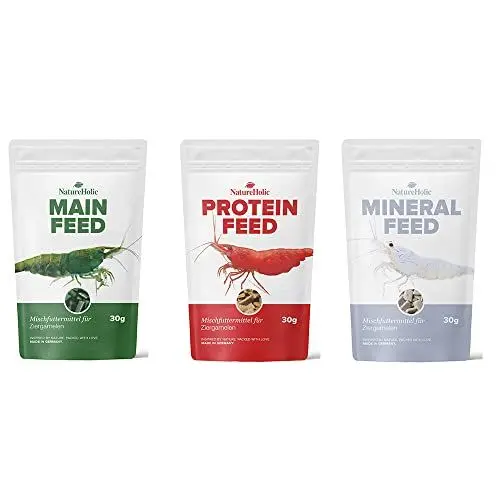 Produktbild: NatureHolic – Garnelen Futter Paket - Mainfeed/Proteinfeed/Mineralfeed – Garnelenfutter Set für das Aquarium - 3 x 30 g