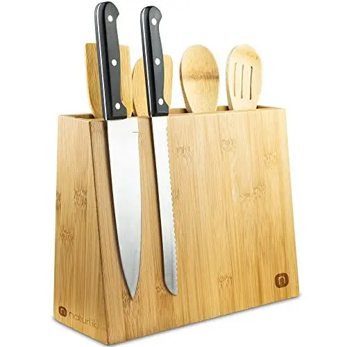 Produktbild: naturlik Messerblock magnetisch + 5-teiliges Kochlöffel-Set - 2 in 1: Messerblock ohne Messer & Utensilienhalter Küche - Bambus Messerhalter magnetisch - Magnet Messerhalter - Küche Organizer