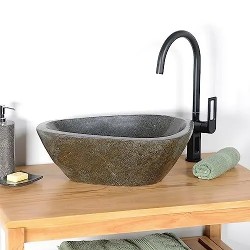 Produktbild: Naturstein Waschbecken grau oval 40 cm von WOHNFREUDEN - Unikat Auswahl rundum polierte Stein Waschschale Naturstein Handwaschbecken für das Badezimmer