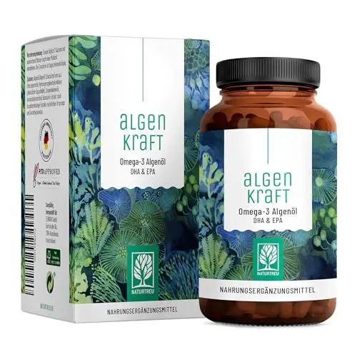 Produktbild: NATURTREU® Algenkraft - Omega 3 Vegan aus Algenöl – 1000mg Omega 3 Algenöl aus nachhaltigen Kulturen - Mikroalgenöl hochdosiert DHA & EPA im optimalen Verhältnis - Laborgeprüft