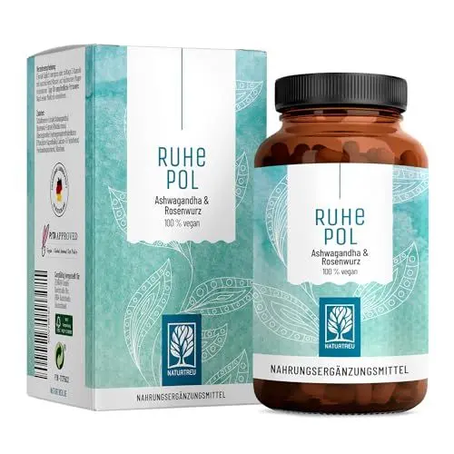 Produktbild: NATURTREU® Ruhepol - Ashwagandha Kapseln hochdosiert - 120 vegane Kapseln - 500 mg Ashwagandha pro Tag - Ashwagandha Komplex mit Rosenwurz-Extrakt - ohne unerwünschte Zusatzstoffe - laborgeprüft