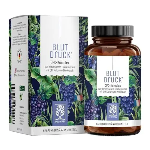 Produktbild: NATURTREU® Blutdruck OPC Traubenkernextrakt hochdosiert 900mg Extrakt mit Q10, Kalium & schwarzem Knoblauch - Französische Trauben vegan - 90 Traubenkernextrakt OPC Kapseln hochdosiert