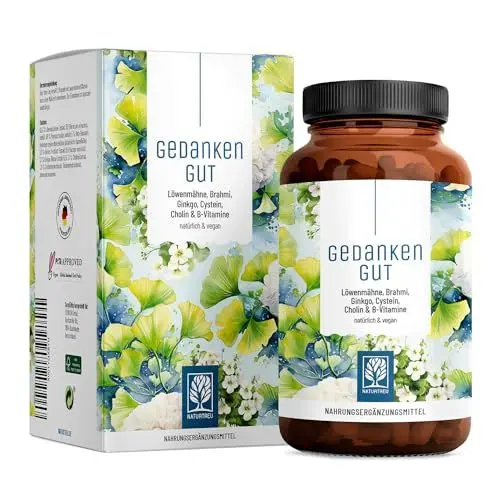 Produktbild: NATURTREU® Gedankengut Löwenmähne Pilz & Ginkgo Biloba Komplex - mit Brahmi-Extrakt Cholin & L-Cystein - 120 Kapseln vegan mit 30% Polysaccharide und 5% Beta-Glucane