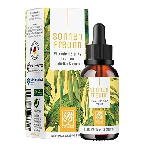 Produktbild: NATURTREU® Vitamin D3 K2 Tropfen hochdosiert & vegan - 100% pflanzlich (ohne tierisches Lanolin) - 1000 IE Vitamin D + Vitamin K2 - Sonnenfreund