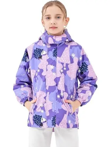 Produktbild: NATUST Mädchen Gefütterte Regenjacke Kinder Winddicht Übergangsjacke Jungen Warm Atmungsaktiv Softshelljacke mit Abtrennbare Kapuze Igel 134-140