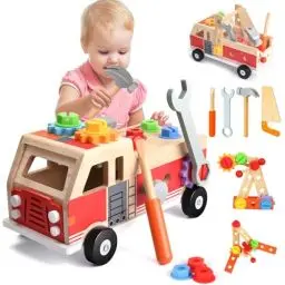 Produktbild: Nauotk Werkzeugkoffer Kinder Werkbank, Montessori Werkzeug Holzspielzeug ab 2 3 4 Jahre, Kinderwerkzeug Spielzeug Werkzeugwagen, Werkzeuggürtel Koffer Lernspiele Geschenk Junge Mädchen ab 3 Jahren