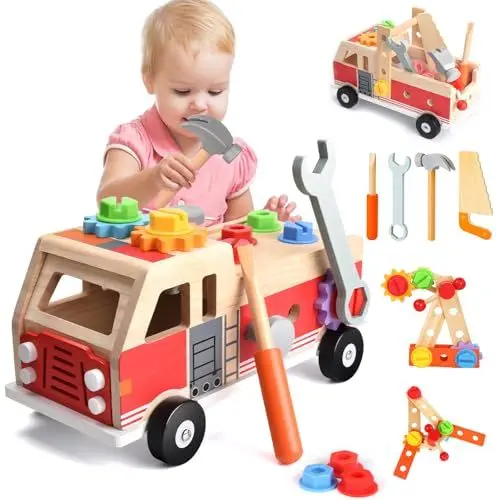 Produktbild: Nauotk Werkzeugkoffer Kinder Werkbank, Montessori Werkzeug Holzspielzeug Spielzeug ab 2 3 4 Jahre, Kinderwerkzeug Werkzeugwagen, Werkzeuggürtel Koffer Lernspiele Geschenk Junge Mädchen ab 3 Jahren