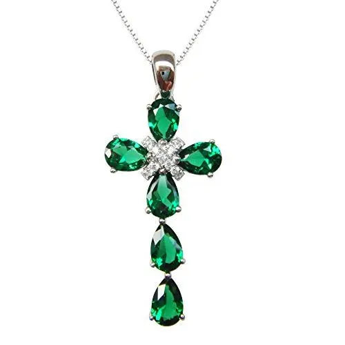 Produktbild: Navachi 925 Sterling Silber 18 Karat Weißgold vergoldet 2,5 Karat Birne Smaragd Rubin Saphir Kruzifix Halskette Anhänger 45,7 cm, Stein, Erstellter Smaragd