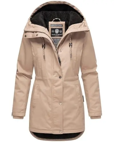 Produktbild: Navahoo Damen Winterjacke (XS-3XL) - 100% Baumwolle Obermaterial, Kapuze mit Kordelzug, Taillierungsband, Warme Jacke Frauen - N038 (L, Beige)