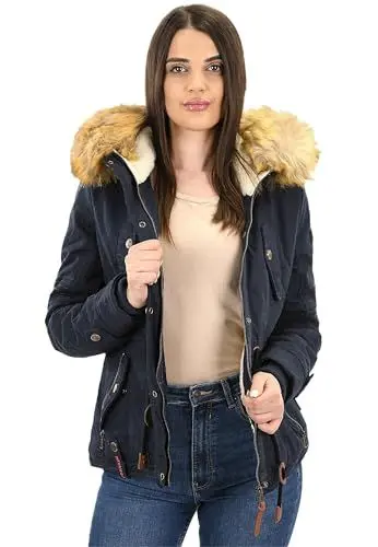 Produktbild: Navahoo Damen Winterjacke (XS-XXL) - 100% Baumwolle Obermaterial, Teddy Fleece innen, Kunstfell abnehmbar, Warme Jacke Frauen B643 (S, Navy)