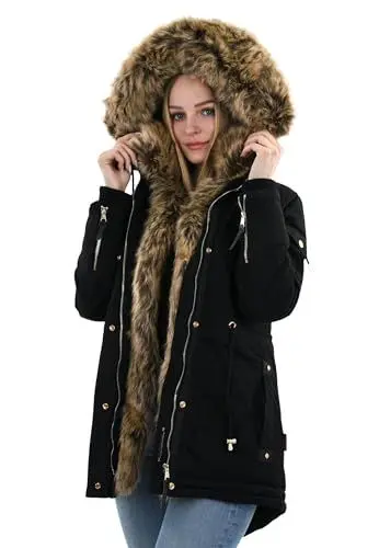 Produktbild: Navahoo warme Damen Winter Jacke Parka lang Mantel Winterjacke Fell Kragen B380 (B380-Daria-Schwarz-Gr.XS)