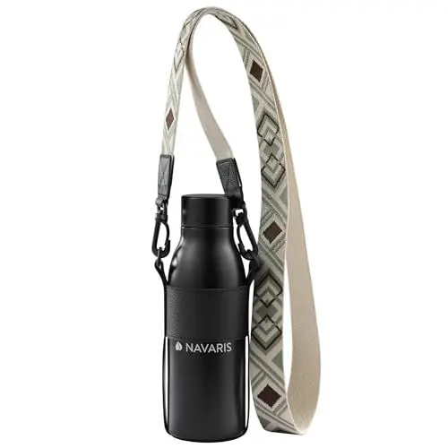 Produktbild: Navaris Wasserflasche zum Umhängen - 600ml Edelstahl Trinkflasche - Gym Bottle - Isolierflasche für Fitnessstudio - Metall Trinkflasche isoliert - Flasche in Schwarz
