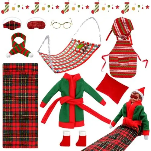 Produktbild: NAVESO 10 Stück Weihnachtself Puppe Zubehör, Weihnachten Elf Puppe Kostüm, Elf on The Shelf Zubehör, Elf Hängematte, Schlafsack, Schürze, Schal, Brille, Augenmaske, Kopfkissen, Schuhe, Bademantel