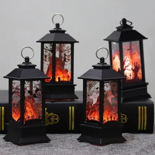 Produktbild: NAVESO 4 Stück Halloween Deko Kerzenlaterne, Halloween Laternen, LED Kürbis Laterne, 13cm Halloween Deko Laterne mit Gespenstern und Fledermausmustern, Herbstdeko Laterne Kerzen für Garten