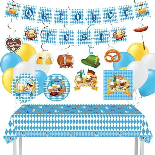 Produktbild: NAVESO 76 Stück Oktoberfest Deko Set - Tischdeko, Servietten, Tischdecke, Luftballons, Banner, Spiraldeko, Pappteller - Bayrische Party Accessoires