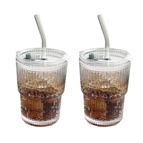 Produktbild: NAVESO Glasbecher mit Deckel und Strohhalm, 2 Stück 400ml Trinkbecher, Kaffeetassen Set, Becher mit Deckel und Strohhalm, Glas Smoothie Becher, Bubble Tea Becher, Saftglas, Bruchsicher