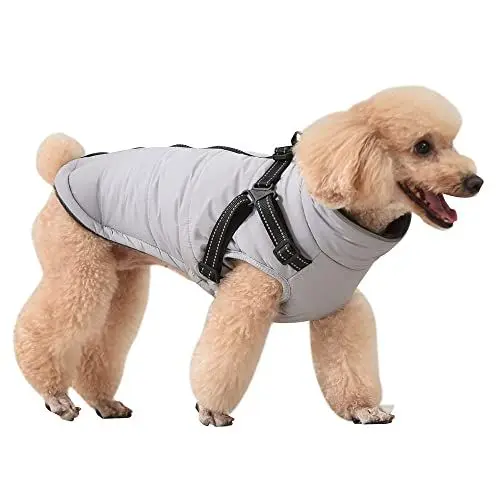 Produktbild: NAVESO Hundemantel Winter, Hundejacke Winter, Winter Hundemantel mit Hundegeschirr, Baumwolle Gefütterte Hundejacke, Warme Hundejacke Wasserdicht für Kleine Mittelgroße Hunde, Grau M