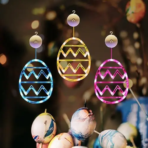Produktbild: NAVESO Ostern Deko Fenster LED, 3 Stück Osterdeko Eier Lichter, Ostereier Lichterkette, LED Lichterkette Ostern, Ostereier zum Aufhängen Lichterkette, LED Lichterkette Fenster Innen mit Saugnäpfen