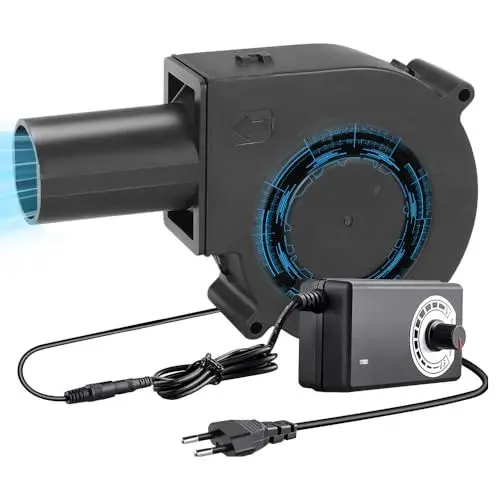 Produktbild: NAVESO Radiallüfter 12V, Gebläse Lüfter 12V mit 220V Drehzahlregler und Luftauslass, 97mm Turbinengebläse 12V, Kühlung Ventilator für Haushaltsgeräte, Radiallüfter Regelbar für BBQ Aufblasbar Kamin