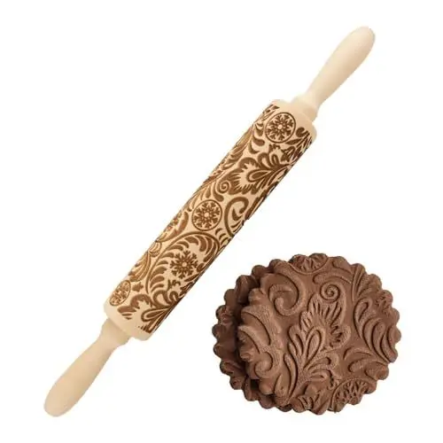 Produktbild: NAVESO Teigroller Nudelholz mit Muster, 3D Gravur-Nudelholz, Schneeflocke Teigroller Muster, Holz-Nudelholz, Geprägte Nudelhölzer, Motiv Nudelholz für DIY Küche Plätzchen