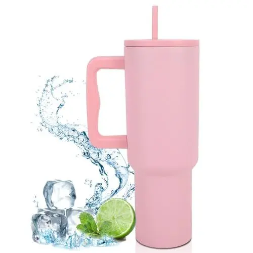 Produktbild: NAVESO Thermobecher mit Strohhalm, 40OZ 1200ml Doppelwandiger Edelstahl Vakuum Isolierbecher Becher mit Griff, Auslaufsicher Tumbler Cup, Trinkbecher Isoliert für Heiße und Kalte Getränke (Hellrosa)