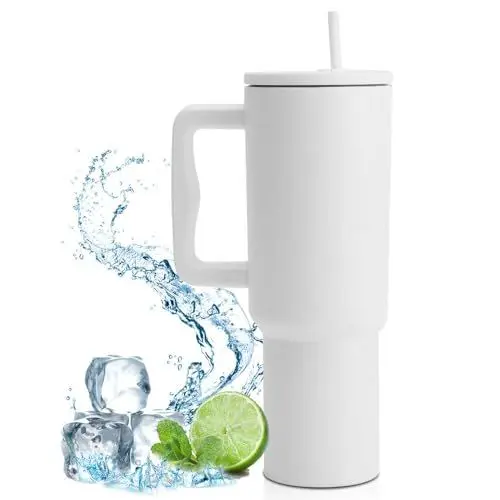Produktbild: NAVESO Thermobecher mit Strohhalm, 40OZ 1200ml Doppelwandiger Edelstahl Vakuum Isolierbecher Becher mit Griff, Auslaufsicher Tumbler Cup, Trinkbecher Isoliert für Heiße und Kalte Getränke (Weiß)