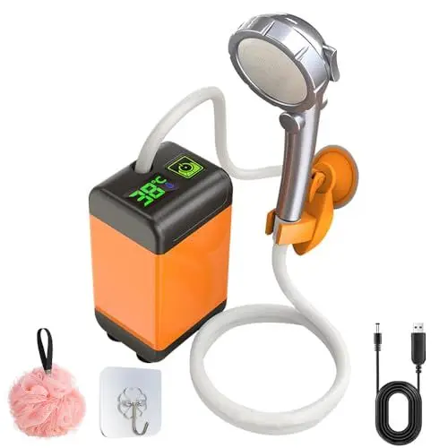 Produktbild: NAVESO Tragbare Campingdusche, Camping Dusche mit Pumpe, Campingdusche mit Akku 6000mah, Outdoor Dusche Camping mit Temperaturanzeige, Mobile Dusche mit Duschkopf und 2m Schlauch für Garten Reisen
